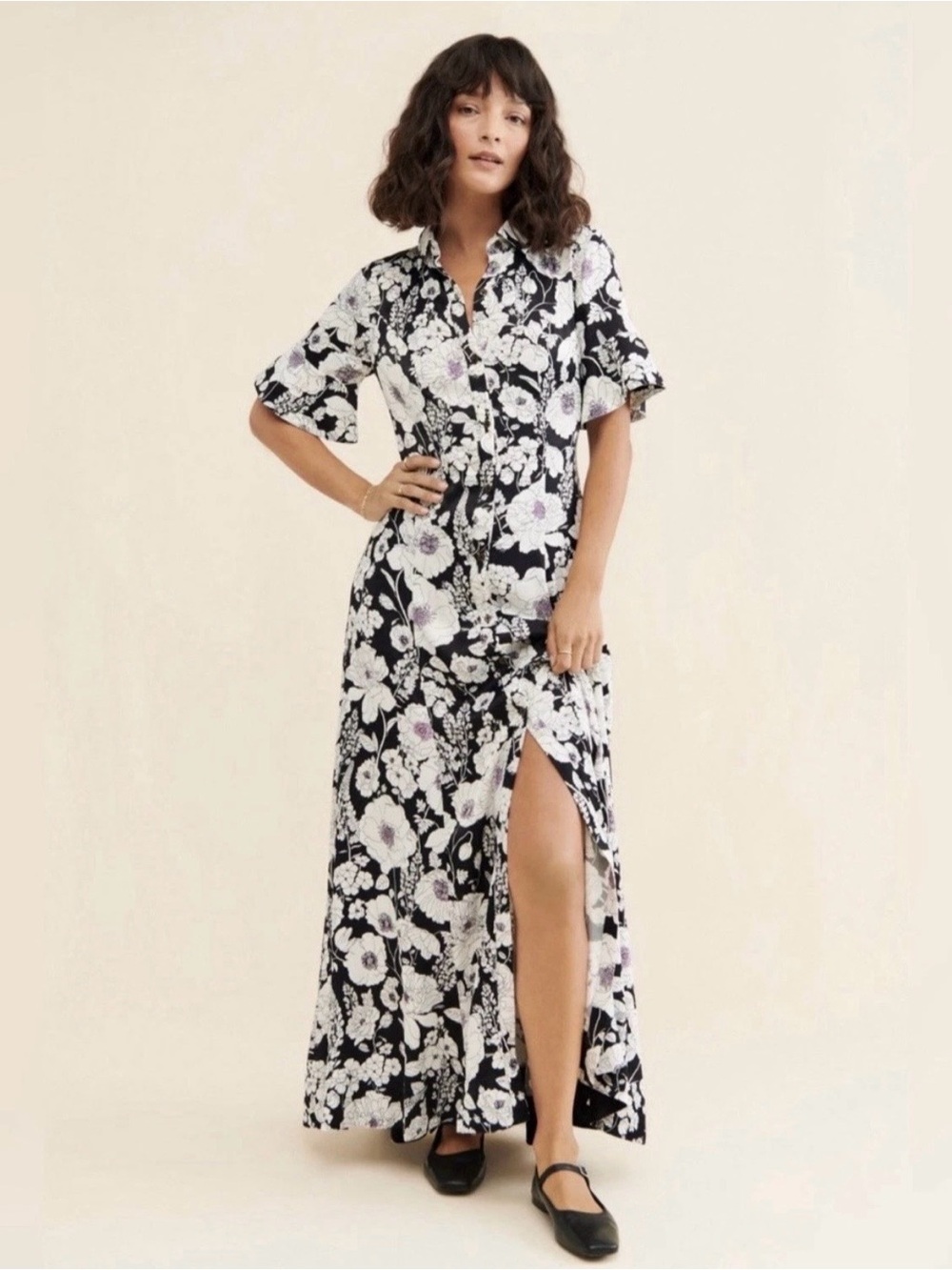 Anthropologie Black and White Floral Short Sleeved Shirt Dress Size 1X
